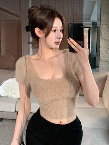 DAZY Solid Color Short Sleeve Fluffy Knit Top Summer Crop Top - Khaki - View 9