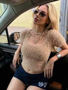 DAZY Solid Color Short Sleeve Fluffy Knit Top Summer Crop Top - Khaki - View 3