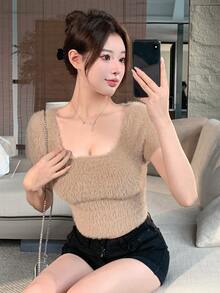 DAZY Solid Color Short Sleeve Fluffy Knit Top Summer Crop Top - Khaki - View 7