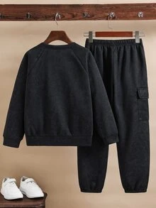 SHEIN 2件組兒童青少年男孩休閒柔軟雪花布料套頭寬鬆灰色運動衫與灰色運動長褲套裝，適合秋冬、學校、家庭聚會、開學、運動、玩耍、生日派對、拍照、度假、節日 - 灰色 - 查看 4