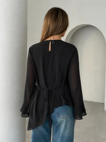 Siren Gaze Women's Casual Round Neck Solid Color Long Sleeve Layered Pleated Design Blouse - Black - View 7