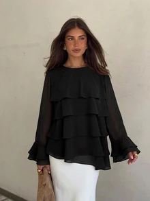 Siren Gaze Women's Casual Round Neck Solid Color Long Sleeve Layered Pleated Design Blouse - Black - View 2