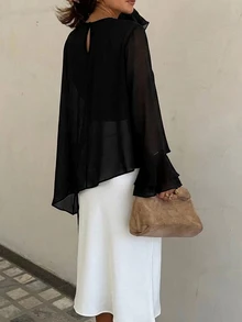 Siren Gaze Women's Casual Round Neck Solid Color Long Sleeve Layered Pleated Design Blouse - Black - View 3