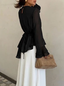 Siren Gaze Women's Casual Round Neck Solid Color Long Sleeve Layered Pleated Design Blouse - Black - View 4