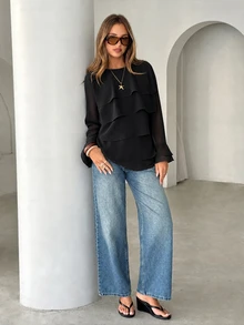 Siren Gaze Women's Casual Round Neck Solid Color Long Sleeve Layered Pleated Design Blouse - Black - View 9
