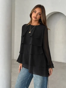 Siren Gaze Women's Casual Round Neck Solid Color Long Sleeve Layered Pleated Design Blouse - Black - View 8
