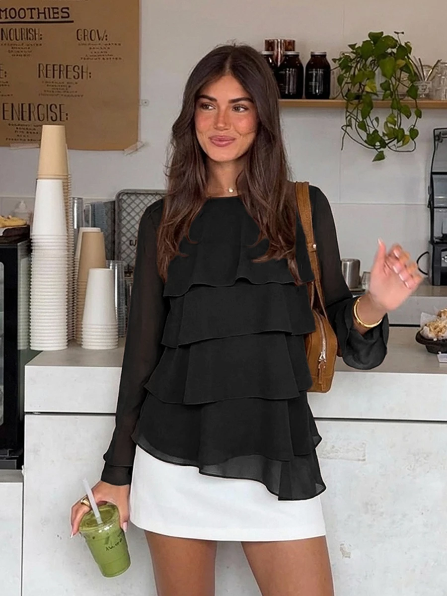 Siren Gaze Women's Casual Round Neck Solid Color Long Sleeve Layered Pleated Design Blouse - Black - View 1