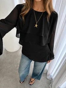 Siren Gaze Women's Casual Round Neck Solid Color Long Sleeve Layered Pleated Design Blouse - Black - View 6
