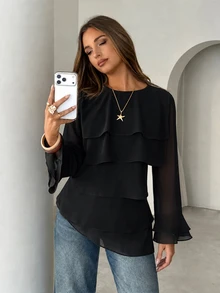 Siren Gaze Women's Casual Round Neck Solid Color Long Sleeve Layered Pleated Design Blouse - Black - View 11