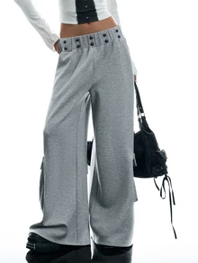 LYSMO Relaxed Fit Cargo Pants With Hand-Stitched Button Decor, Street Dance Style - Grey - View 3