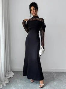 Elenzga Women's High Neck Lace Long Sleeve Dress, Off-Shoulder Ruched Satin Formal Evening Gown - Black - View 9