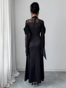 Elenzga Women's High Neck Lace Long Sleeve Dress, Off-Shoulder Ruched Satin Formal Evening Gown - Black - View 8