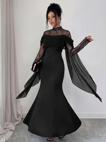 Elenzga Women's High Neck Lace Long Sleeve Dress, Off-Shoulder Ruched Satin Formal Evening Gown - Black - View 5