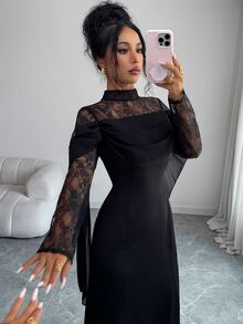 Elenzga Women's High Neck Lace Long Sleeve Dress, Off-Shoulder Ruched Satin Formal Evening Gown - Black - View 7
