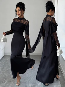 Elenzga Women's High Neck Lace Long Sleeve Dress, Off-Shoulder Ruched Satin Formal Evening Gown - Black - View 2