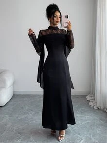 Elenzga Women's High Neck Lace Long Sleeve Dress, Off-Shoulder Ruched Satin Formal Evening Gown - Black - View 6