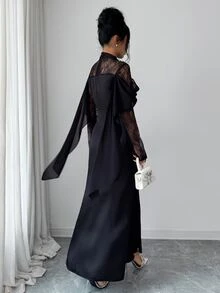 Elenzga Women's High Neck Lace Long Sleeve Dress, Off-Shoulder Ruched Satin Formal Evening Gown - Black - View 3