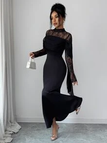 Elenzga Women's High Neck Lace Long Sleeve Dress, Off-Shoulder Ruched Satin Formal Evening Gown - Black - View 4