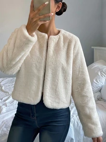 SHEIN Teen Girl Minimalist Faux Fur Jacket, Suitable For Party And Outdoor Wear, Autumn/Winter - White - View 8
