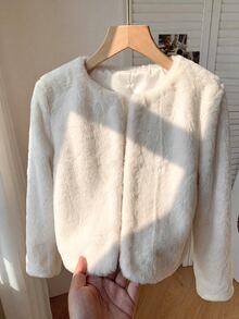 SHEIN Teen Girl Minimalist Faux Fur Jacket, Suitable For Party And Outdoor Wear, Autumn/Winter - White - View 3
