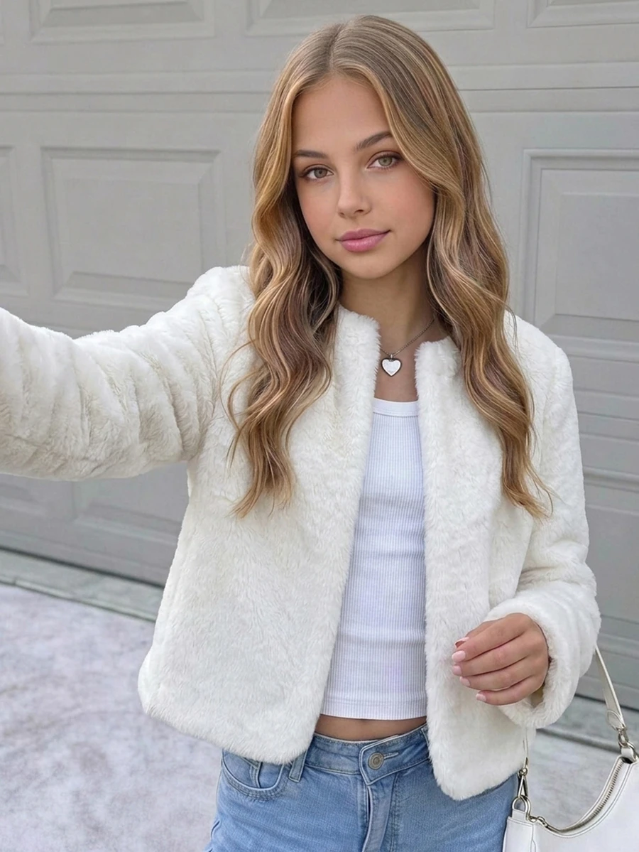 SHEIN Teen Girl Minimalist Faux Fur Jacket, Suitable For Party And Outdoor Wear, Autumn/Winter - White - View 1