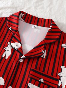 SHEIN 條紋熊圖案 2 件組大童男童新款長袖上衣與長褲睡衣套裝，時尚經典基礎休閒家居服，長袖長褲翻領前開襟居家服，適合秋冬、居家休閒、假期派對與家庭穿搭 - 紅色 - 查看 7