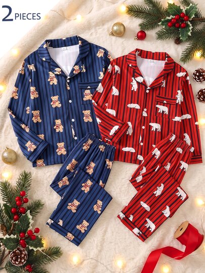 BATMAN X SHEIN Striped Bear Print 2-Piece Set Boys Big Kids New Long Sleeve Top And Pants Pajama Set, Fashion Classic Basic Casual Home Wear, Long Sleeve Long Pants Lapel Front Opening Set Loungewear Suitable For Autumn/Winter, Home Leisure, Holiday Party And Family Matching
