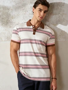 Resyla Men Fashionable Blue And White Striped Print Men's Short Sleeve Polo Shirt For Leisure Back-To-School Summer Casual Going Out Graduation Holiday Vacation - Multicolor - View 4