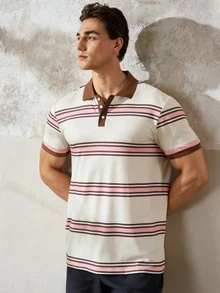 Resyla Men Fashionable Blue And White Striped Print Men's Short Sleeve Polo Shirt For Leisure Back-To-School Summer Casual Going Out Graduation Holiday Vacation - Multicolor - View 3