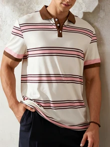 Resyla Men Fashionable Blue And White Striped Print Men's Short Sleeve Polo Shirt For Leisure Back-To-School Summer Casual Going Out Graduation Holiday Vacation - Multicolor - View 7
