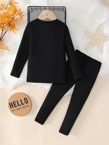2pcs/Set Young Girl Black Turtleneck Long Sleeve Top And Leggings Thermal Underwear Set Autumn Fall - Black - View 3