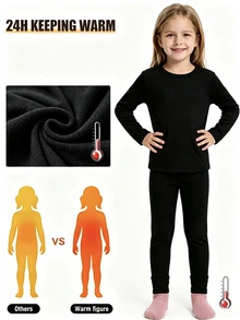 2pcs/Set Young Girl Black Turtleneck Long Sleeve Top And Leggings Thermal Underwear Set Autumn Fall - Black - View 2