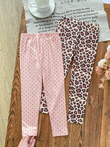SHEIN 5件組隨機2件秋冬少女緊身褲，時尚可愛豹紋波點軟舒適粉色黑色杏色針織羅紋面料修身長褲，可作為內搭或外穿 - 彩色 - 查看 2