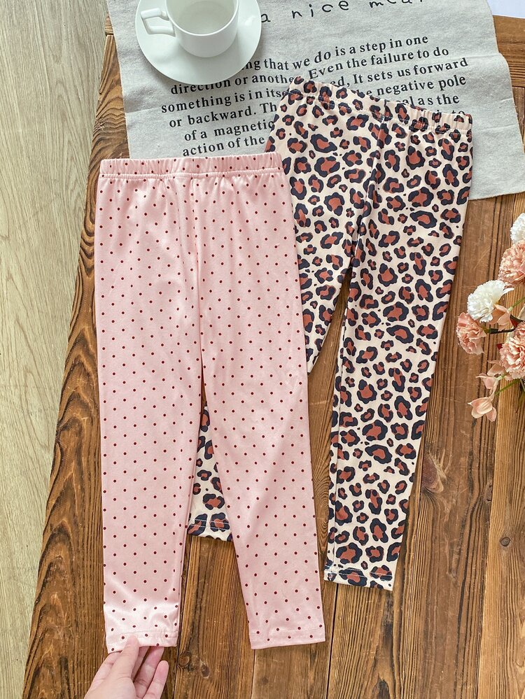 SHEIN 5pcs Random 2pcs Autumn/Winter Young Girl Leggings, Fashionable Cute Leopard Print Polka Dot Soft Comfortable Pink Black Apricot Knitted Ribbed Fabric Slim Fit Long Pants, Can Be Worn As Inner Layer Or Outerwear - Multicolor - View 2