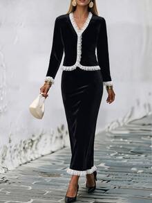 SHEIN PariChic Black Velvet Two Pieces Outfit, Contrast Lace Ruffle Trim V Neck Button Front Cropped Long Sleeve Jacket & Midi Skirt Matching Suit For Women Elegant G - Black - View 5