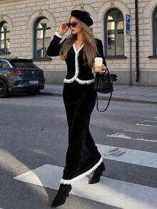 SHEIN PariChic Black Velvet Two Pieces Outfit, Contrast Lace Ruffle Trim V Neck Button Front Cropped Long Sleeve Jacket & Midi Skirt Matching Suit For Women Elegant G - Black - View 6
