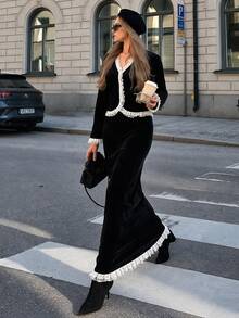 SHEIN PariChic Black Velvet Two Pieces Outfit, Contrast Lace Ruffle Trim V Neck Button Front Cropped Long Sleeve Jacket & Midi Skirt Matching Suit For Women Elegant G - Black - View 7
