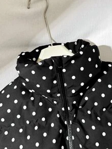 SHEIN معطف شتوي مبطن منتفخ بياقة واقفة قصير واسع بنقاط سوداء للفتيات المراهقات - الأسود - مشاهدة 7
