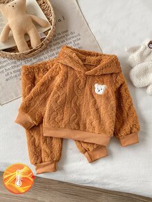 SHEIN 嬰兒男童套裝 3D麥穗毛絨熊刺繡可愛套裝，適合日常穿著與外出，秋冬款 - 棕色 - 查看 7