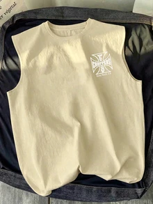 Resyla Men 男士休閒字母印花圓領背心 T-shirt，男士夏季復古印花圖案背心，夏季風格 - 卡其色 - 查看 2