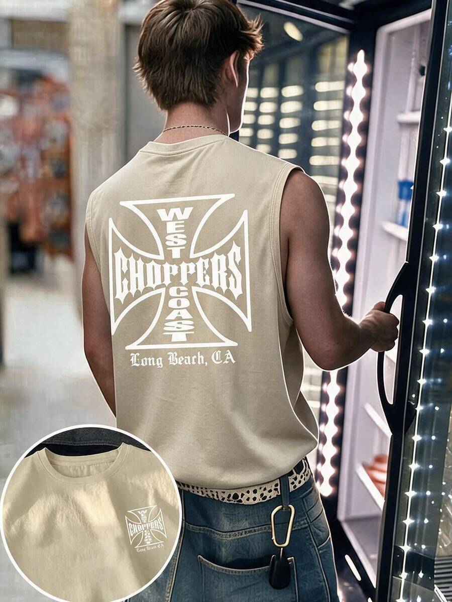Resyla Men 男士休閒字母印花圓領背心 T-shirt，男士夏季復古印花圖案背心，夏季風格 - 卡其色 - 查看 1
