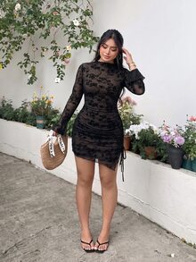 GalTyme Solid Color Polyester Spandex Mesh Lined Double Layer Side Ruched Asymmetrical Hem Plus Size Dress - Black - View 6