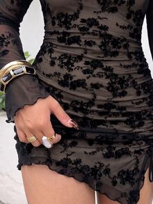 GalTyme Solid Color Polyester Spandex Mesh Lined Double Layer Side Ruched Asymmetrical Hem Plus Size Dress - Black - View 4