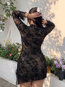 GalTyme Solid Color Polyester Spandex Mesh Lined Double Layer Side Ruched Asymmetrical Hem Plus Size Dress - Black - View 2