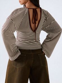 LYSMO Kaos Wanita Ukuran Besar Motif Garis Cokelat Lengan Lebar Leher V Dalam, Musim Gugur/Musim Dingin - MultiWarna - View 2