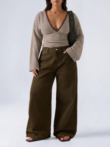 LYSMO Kaos Wanita Ukuran Besar Motif Garis Cokelat Lengan Lebar Leher V Dalam, Musim Gugur/Musim Dingin - MultiWarna - View 5