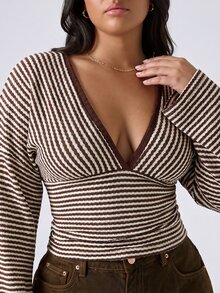 LYSMO Kaos Wanita Ukuran Besar Motif Garis Cokelat Lengan Lebar Leher V Dalam, Musim Gugur/Musim Dingin - MultiWarna - View 7