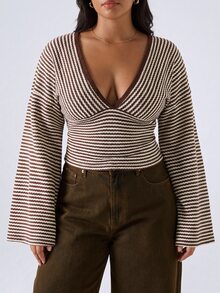 LYSMO Kaos Wanita Ukuran Besar Motif Garis Cokelat Lengan Lebar Leher V Dalam, Musim Gugur/Musim Dingin - MultiWarna - View 4