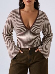 LYSMO Kaos Wanita Ukuran Besar Motif Garis Cokelat Lengan Lebar Leher V Dalam, Musim Gugur/Musim Dingin - MultiWarna - View 6