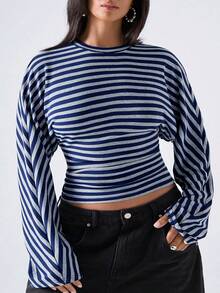 LYSMO Plus Size Women's Autumn/Winter Striped Colorblock Waist-Cinching Long Sleeve T-Shirt Fall - Multicolor - View 6